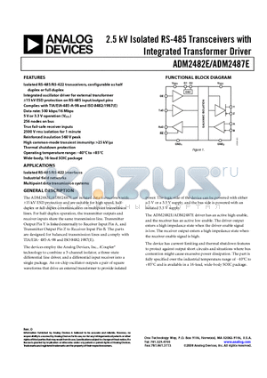 ADM2482E datasheet - 2.5 kV Isolated RS-485 Transceivers with Integrated Transformer Driver