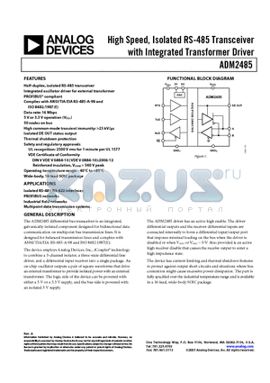 ADM2485BRWZ datasheet - High Speed, Isolated RS-485 Transceiver with Integrated Transformer Driver