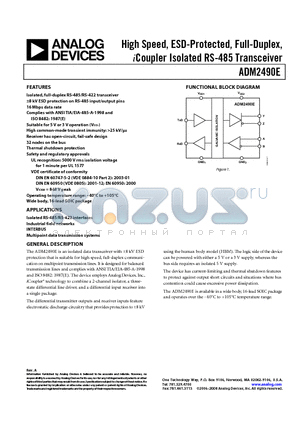 ADM2490E_VA datasheet - High Speed, ESD-Protected, Full-Duplex, iCoupler Isolated RS-485 Transceiver