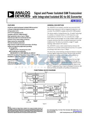 ADM3053BRWZ datasheet - Signal and Power Isolated CAN Transceiver with Integrated Isolated DC-to-DC Converter