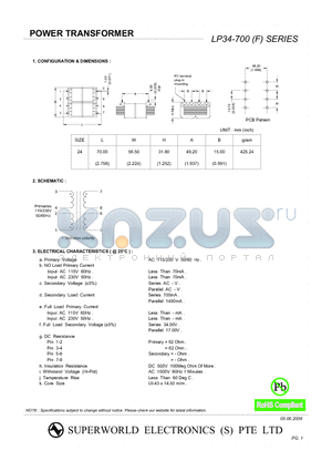 LP34-700 datasheet - POWER TRANSFORMER