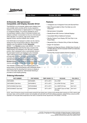 ICM7243AIM44ZT datasheet - 8-Character, Microprocessor-Compatible, LED Display Decoder Driver