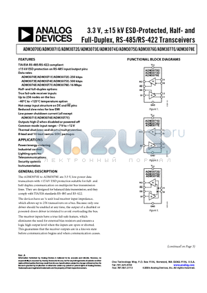ADM3073EARZ-REEL7 datasheet - 3.3 V, a15 kV ESD-Protected, Half- and Full-Duplex, RS-485/RS-422 Transceivers
