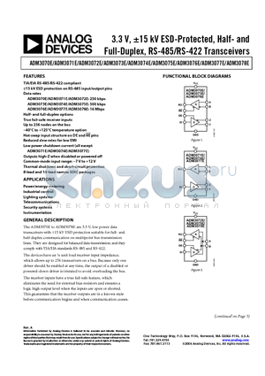 ADM3075E datasheet - 3.3 V, a15 kV ESD-Protected, Half- and Full-Duplex, RS-485/RS-422 Transceivers