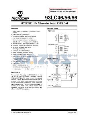 93LC46 datasheet - 1K/2K/4K 2.5V Microwire Serial EEPROM