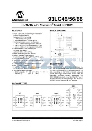 93LC46-ISN datasheet - 1K/2K/4K 2.0V Microwire  Serial EEPROM
