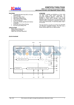 ICM7372Q datasheet - DUAL 12/10/8-BIT VOLTAGE-OUTPUT DACS with Serial Interface and Adjustable Output Offset