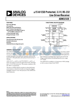 ADM3232E datasheet - -15 kV ESD Protected, 3.3 V, RS-232 Line Driver/Receiver