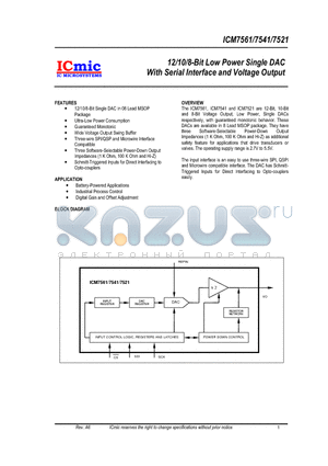ICM7521 datasheet - 12/10/8-Bit Low Power Single DAC With Serial Interface and Voltage Output