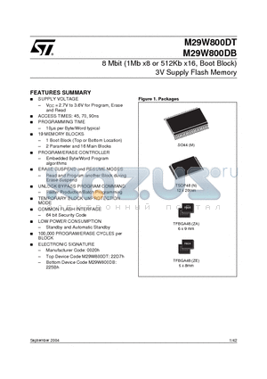 M29W800DB45M1T datasheet - 8 Mbit (1Mb x8 or 512Kb x16, Boot Block) 3V Supply Flash Memory