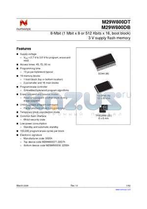 M29W800DB45M6T datasheet - 8-Mbit (1 Mbit x 8 or 512 Kbits x 16, boot block) 3 V supply flash memory