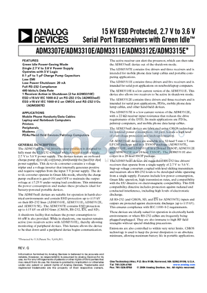 ADM3307E datasheet - 15 kV ESD Protected, 2.7 V to 3.6 V Serial Port Transceivers with Green Idle