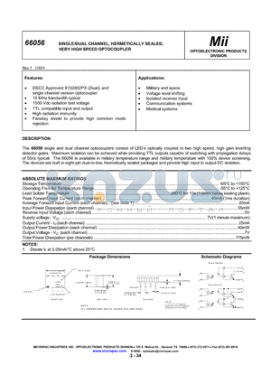 66056-012 datasheet - SINGLE/DUAL CHANNEL, HERMETICALLY SEALED, VERY HIGH SPEED OPTOCOUPLER