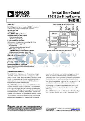 ADM3251EARWZ-REEL datasheet - Isolated, Single-Channel RS-232 Line Driver/Receiver