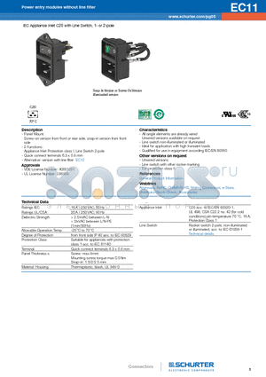 EC11.0001.401 datasheet - IEC Appliance Inlet C20 with Line Switch, 1- or 2-pole