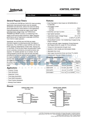 ICM7556IPD datasheet - Precision Timing Pulse Generation Sequential Timing Time Delay Generation Pulse Width Modulation Missing Pulse Detector