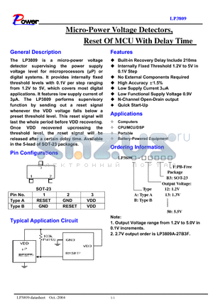 LP3809 datasheet - Micro-Power Voltage Detectors, Reset Of MCU With Delay Time