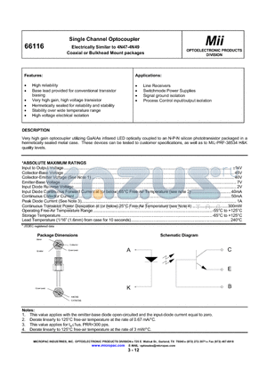 66116-201 datasheet - Single Channel Optocoupler Electrically Similar to 4N47-4N49 Coaxial or Bulkhead Mount packages