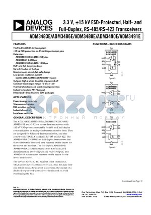 ADM3483E datasheet - 3.3 V, a15 kV ESD-Protected, Half- and Full-Duplex, RS-485/RS-422 Transceivers