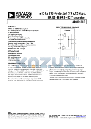 ADM3485EAR-REEL datasheet - a15 kV ESD-Protected, 3.3 V,12 Mbps, EIA RS-485/RS-422 Transceiver