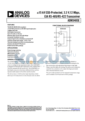 ADM3485EAR-REEL7 datasheet - a15 kV ESD-Protected, 3.3 V,12 Mbps, EIA RS-485/RS-422 Transceiver