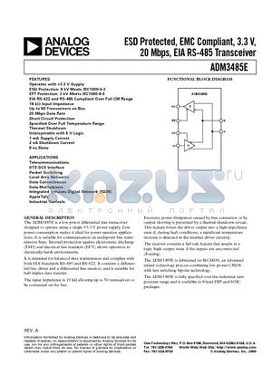 ADM3485E datasheet - ESD Protected, EMC Compliant, 3.3 V, 20 Mbps, EIA RS-485 Transceiver