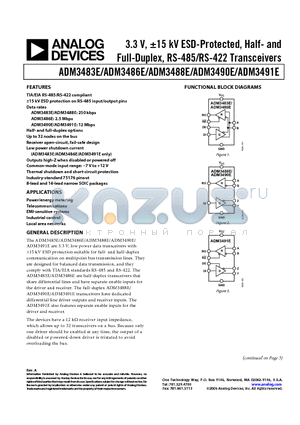 ADM3488EARZ-REEL7 datasheet - 3.3 V, a15 kV ESD-Protected, Half- and Full-Duplex, RS-485/RS-422 Transceivers