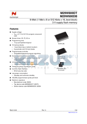 M29W800DB90M1F datasheet - 8-Mbit (1 Mbit x 8 or 512 Kbits x 16, boot block) 3 V supply flash memory