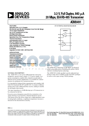 ADM3491 datasheet - 3.3 V, Full Duplex, 840 uA 20 Mbps, EIA RS-485 Transceiver