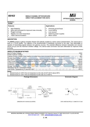 66163-017 datasheet - SINGLE CHANNEL OPTOCOUPLERS DIRECT REPLACEMENT FOR 3C91C