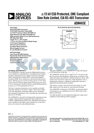 ADM483E datasheet - -15 kV ESD Protected, EMC Compliant Slew Rate Limited, EIA RS-485 Transceiver