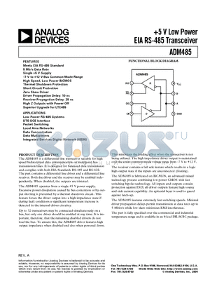 ADM485 datasheet - 5 V Low Power EIA RS-485 Transceiver