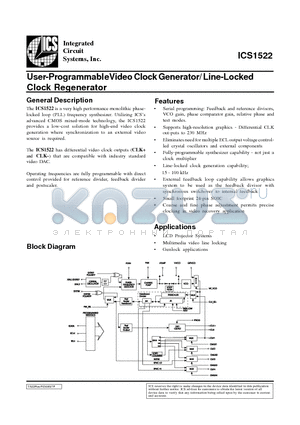 ICS1522M datasheet - User-Programmable Video Clock Generator/ Line-Locked Clock Regenerator