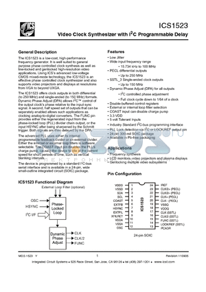 ICS1523 datasheet - Video Clock Synthesizer with I2C Programmable Delay