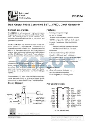 ICS1524M datasheet - Dual Output Phase Controlled SSTL-3/PECL Clock Generator