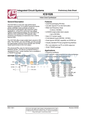 ICS1526 datasheet - Video Clock Synthesizer