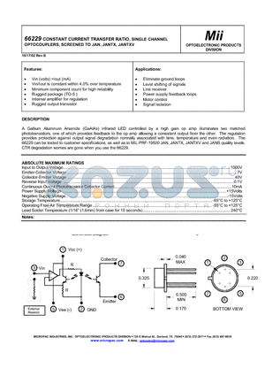 66229 datasheet - CONSTANT CURRENT TRANSFER RATIO, SINGLE CHANNEL OPTOCOUPLERS, SCREENED TO JAN, JANTX, JANTXV