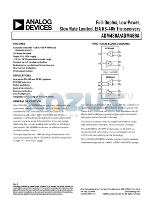 ADM488A datasheet - Full-Duplex, Low Power, Slew Rate Limited, EIA RS-485 Transceivers