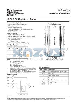 ICS162835AG-T datasheet - 18-Bit 3.3V Registered Buffer