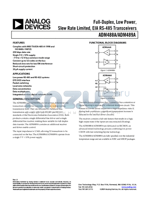 ADM489ABRMZ datasheet - Full-Duplex, Low Power, Slew Rate Limited, EIA RS-485 Transceivers