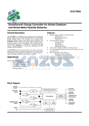 ICS1700AN datasheet - QuickSaver Charge Controller for Nickel-Cadmium and Nickel-Metal Hydride Batteries