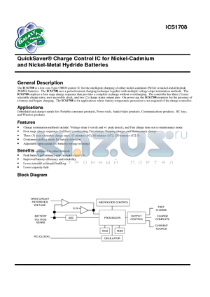 ICS1708 datasheet - QuickSaver Charge Control IC for Nickel-Cadmium and Nickel-Metal Hydride Batteries