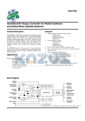 ICS1702MT datasheet - QuickSaver Charge Controller for Nickel-Cadmium and Nickel-Metal Hydride Batteries