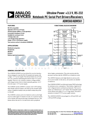 ADM560JRS datasheet - Ultralow Power 3.3 V, RS-232 Notebook PC Serial Port Drivers/Receivers