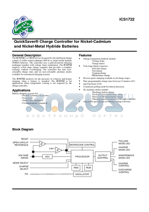 ICS1722M datasheet - QuickSaver-R Charge Controller for Nickel-Cadmium and Nickel-Metal Hydride Batteries