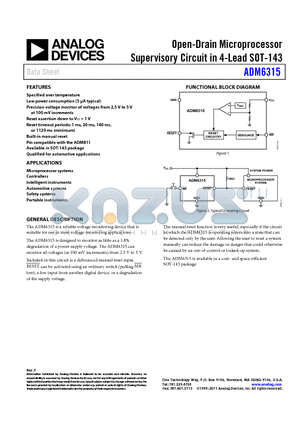 ADM6315-26D3ARTZR7 datasheet - Open-Drain Microprocessor Supervisory Circuit in 4-Lead SOT-143