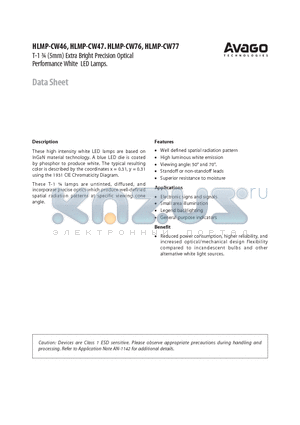 HLMP-CW46 datasheet - T-1 n (5mm) Extra Bright Precision Optical Performance White LED Lamps.