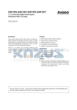 HLMP-CW47 datasheet - T-1 n (5mm) Extra Bright Precision Optical Performance White LED Lamps.