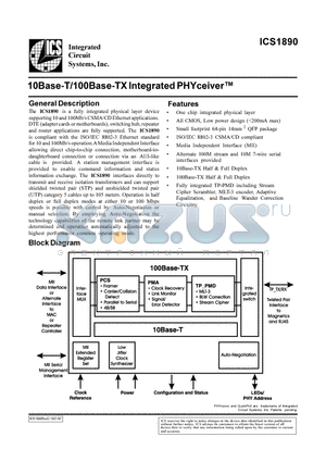 ICS1890 datasheet - 10Base-T/100Base-TX Integrated PHYceiver-TM