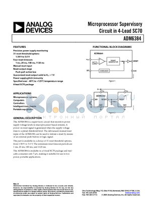 ADM6384 datasheet - Microprocessor Supervisory Circuit in 4-Lead SC70